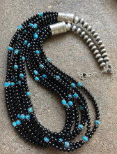 Load image into Gallery viewer, Sterling Silver Multi Strand Black Onyx with Turquoise Bead Necklace. 24 Inch