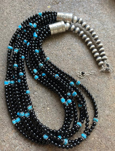 Sterling Silver Multi Strand Black Onyx with Turquoise Bead Necklace. 24 Inch