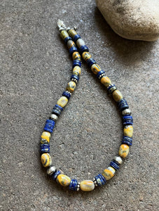 Sterling Silver Bumblebee Jasper Lapis Pearls Bead Necklace. 18 inch