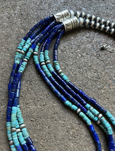 Sterling Silver Multi Strand Stone Lapis Turquoise Bead Necklace. 24 inch