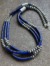 Load image into Gallery viewer, Sterling Silver Multi Strand Lapis W Pearls Bead Necklace. 28 inch