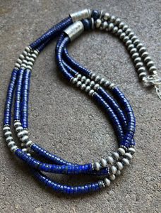 Sterling Silver Multi Strand Lapis W Pearls Bead Necklace. 28 inch