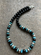 Load image into Gallery viewer, Sterling Silver Black Onyx Turquoise Bead Necklace. 18 Inch