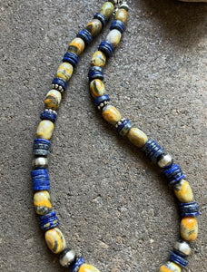 Sterling Silver Bumblebee Jasper Lapis Pearls Bead Necklace. 18 inch