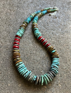 Sterling Silver Blue Green Turquoise W Red Coral Bead Necklace 19 Inch