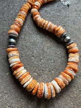 Load image into Gallery viewer, Sterling Silver Graduated Orange Spiny Oyster Bead Necklace. 18 inch