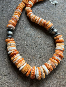 Sterling Silver Graduated Orange Spiny Oyster Bead Necklace. 18 inch