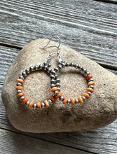 Load image into Gallery viewer, Sterling Silver Orange Spiny Oyster W Pearls Bead Hoop Earrings. 2.25 Inch.