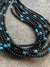 Load image into Gallery viewer, Sterling Silver Multi Strand Black Onyx with Turquoise Bead Necklace. 24 Inch