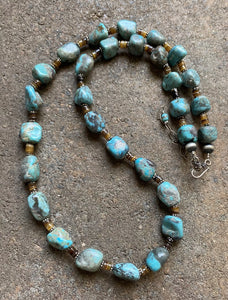 Sterling Silver Turquoise Nuggets Heishi Bead Necklace 25 Inch