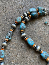Load image into Gallery viewer, Sterling Silver Turquoise Nuggets W Spiny Oyster Bead Necklace 18 inch