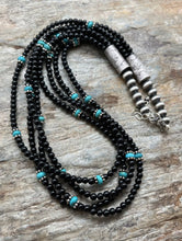 Load image into Gallery viewer, Sterling Silver Multi Strand Black Onyx with Turquoise Bead Necklace. 22 Inch
