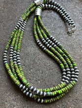 Load image into Gallery viewer, Sterling Silver Multi Strand Green Turquoise W Pearls Bead Necklace. 28 inch