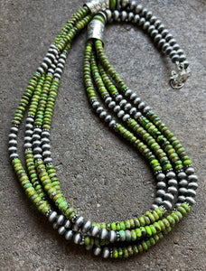 Sterling Silver Multi Strand Green Turquoise W Pearls Bead Necklace. 28 inch
