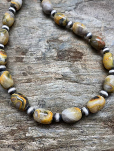 Sterling Silver Bumblebee Jasper Navajo Pearls Bead Necklace. 18 inch