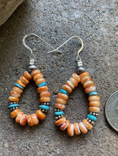 Load image into Gallery viewer, Sterling Silver Spiny Oyster Blue Turquoise Bead Loop Earrings.