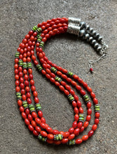 Load image into Gallery viewer, Sterling Silver Multi Strand Coral Green Turquoise Bead Necklace 22 Inch