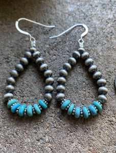 Sterling Silver Blue Turquoise W Pearls Bead Loop Earrings.