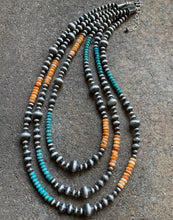Load image into Gallery viewer, Sterling Silver Layered Spiny Oyster Turquoise Bead Necklace. 18-22 inch