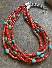 Load image into Gallery viewer, Sterling Silver Multi Strand Coral Turquoise Bead Necklace 24 Inch