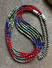 Load image into Gallery viewer, 38 Inch Sterling Silver Multi Strand Stone Coral Lapis Turquoise Bead Necklace
