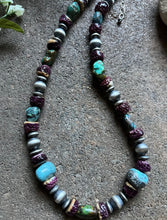 Load image into Gallery viewer, Sterling Silver Turquoise Nuggets W Purple Spiny Oyster Bead Necklace 19 inch