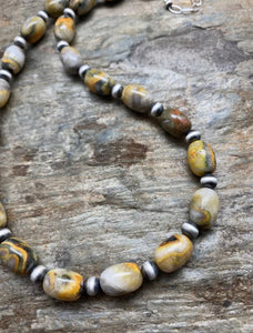 Sterling Silver Bumblebee Jasper Navajo Pearls Bead Necklace. 18 inch