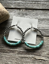 Load image into Gallery viewer, Sterling Silver Heishi Turquoise Oxidized Pearls Bead Hoop Earrings. 2.4 Inch