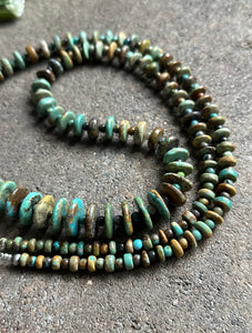 Long Sterling Silver Graduated Green Turquoise Bead Necklace. 36 inch
