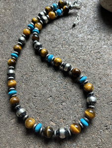 Sterling Silver Tiger’s Eye W Pearls Bead Necklace. 19 Inch. Gift