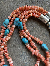 Load image into Gallery viewer, Sterling Silver Multi Strand Pink Coral Blue Turquoise Bead Necklace 24 Inch