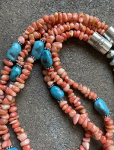 Sterling Silver Multi Strand Pink Coral Blue Turquoise Bead Necklace 24 Inch