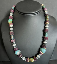 Load image into Gallery viewer, Sterling Silver Turquoise Nuggets W Purple Spiny Oyster Bead Necklace 19 inch