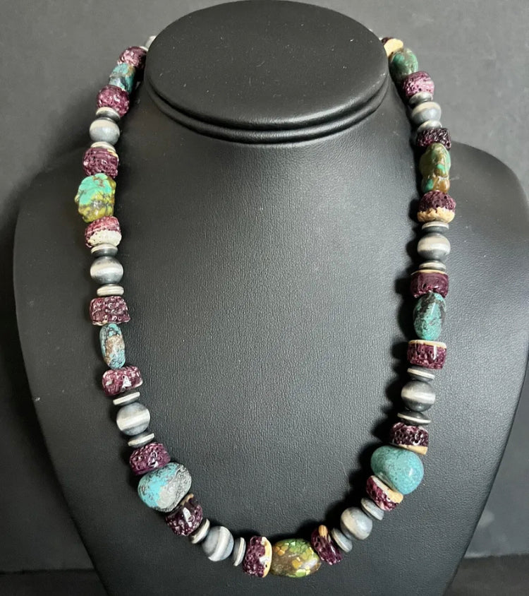 Sterling Silver Turquoise Nuggets W Purple Spiny Oyster Bead Necklace 19 inch