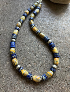 Sterling Silver Bumblebee Jasper Lapis Pearls Bead Necklace. 18 inch