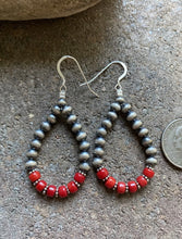 Load image into Gallery viewer, Sterling Silver Red Coral W Pearls Bead Loop Earrings.