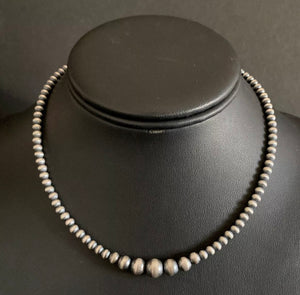 Sterling Silver 4mm Graduated Navajo Pearls Bead Necklace. 14 inch Choker