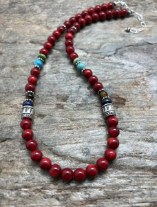 Sterling Silver Multi Stone Red Coral Bead Necklace 18 inch