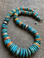 Load image into Gallery viewer, Sterling Silver Graduated Blue Turquoise Spiny Oyster Bead Necklace 20 Inch