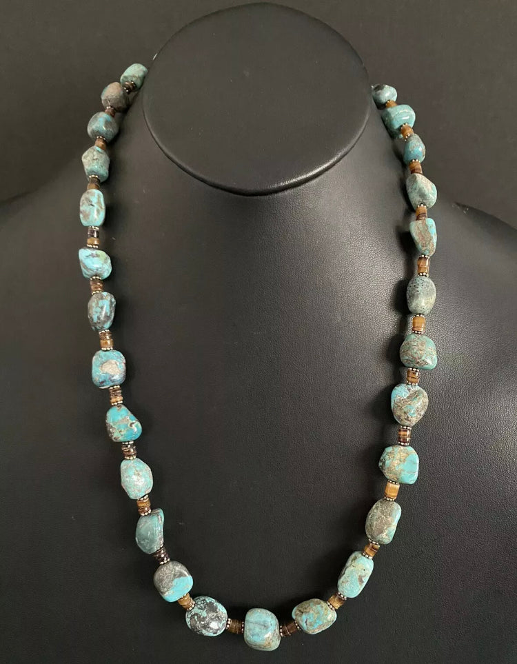 Sterling Silver Turquoise Nuggets Heishi Bead Necklace 25 Inch