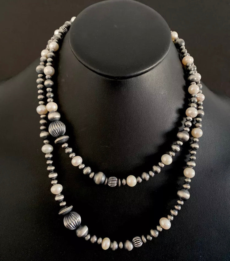 Sterling Silver Freshwater Pearls W Navajo Pearls Bead Necklace 43 Inch
