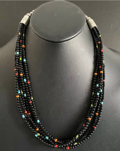 Sterling Silver Multi Strand Black Onyx Multi Stone Bead Necklace. 24 Inch