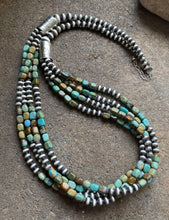 Load image into Gallery viewer, Sterling Silver Multi Strand Blue Green Turquoise Bead Necklace. 30 inch