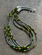 Load image into Gallery viewer, Sterling Silver Multi Strand Green Turquoise Tigers Eye Bead Necklace. 24 inch