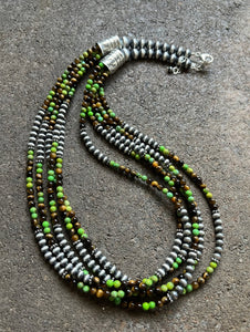 Sterling Silver Multi Strand Green Turquoise Tigers Eye Bead Necklace. 24 inch