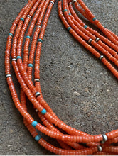 Load image into Gallery viewer, Sterling Silver Multi Strand Orange Coral W Turquoise Bead Necklace. 24 inch