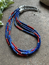 Load image into Gallery viewer, Sterling Silver Multi Strand Lapis Coral Pearls Bead Necklace. 24 inch