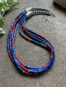 Sterling Silver Multi Strand Lapis Coral Pearls Bead Necklace. 24 inch