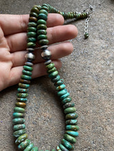 Load image into Gallery viewer, Sterling Silver Graduated Green Turquoise Bead Necklace. 18 inch