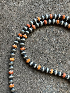 Sterling Silver Orange Spiny Oyster with 6mm Pearls Bead Necklace. 22 inch